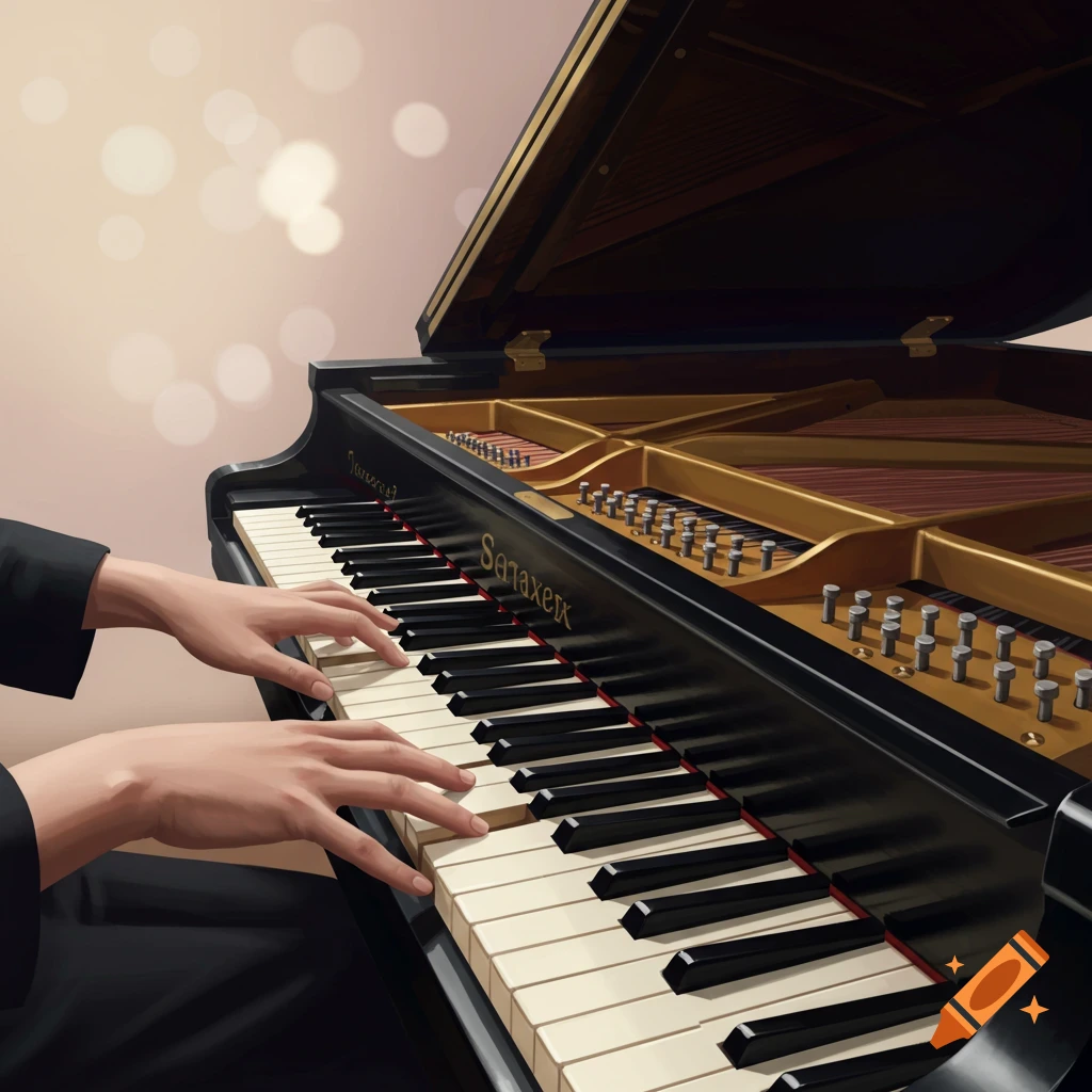 Close-up of hands playing a grand piano with a bokeh background.
