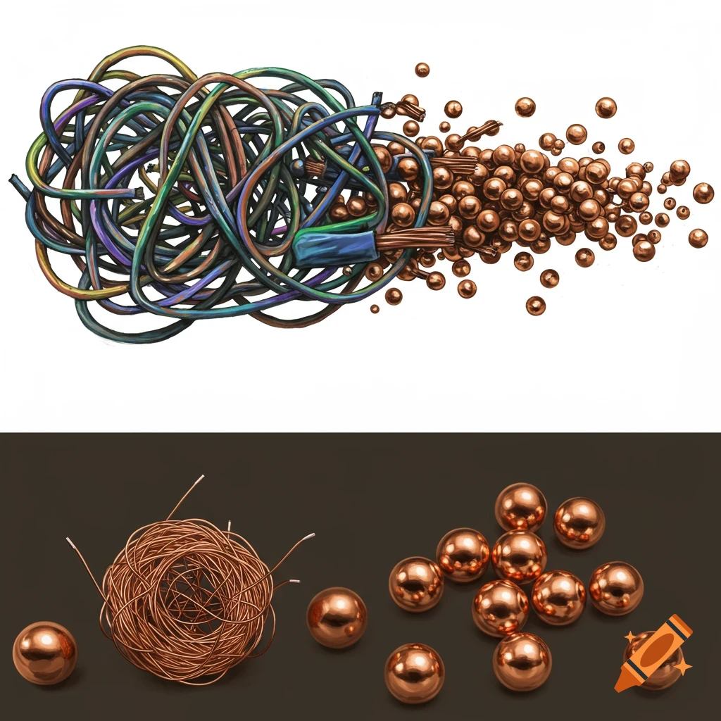 Tangled wires transforming into shiny copper balls.