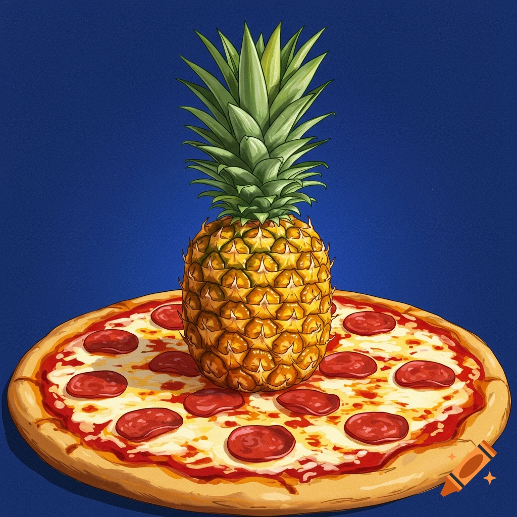 A pineapple sits atop a pepperoni pizza.