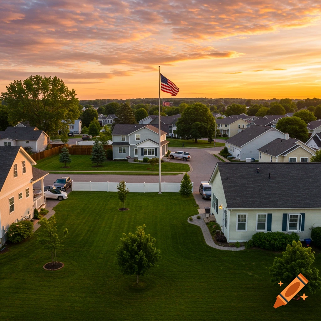 A photorealistic aerial view of a suburban neighborhood with an American flag at sunset.
