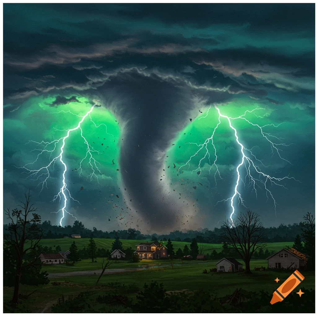 A large tornado descends over a rural landscape with lightning strikes.