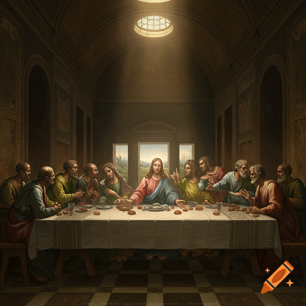The Last Supper with Jesus and his disciples seated around a long table.