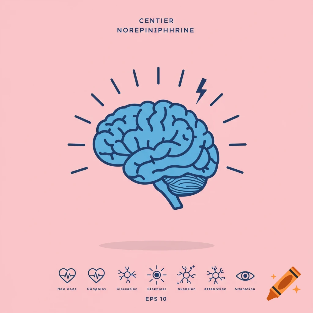 Stylized blue brain illustration with radiating lines and a lightning bolt, above icons including a heart and eye.