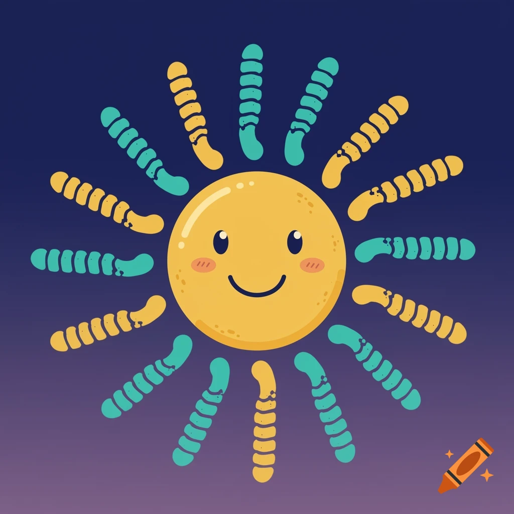 A cheerful cartoon sun with yellow and teal shoe track rays against a blue and lavender gradient background.