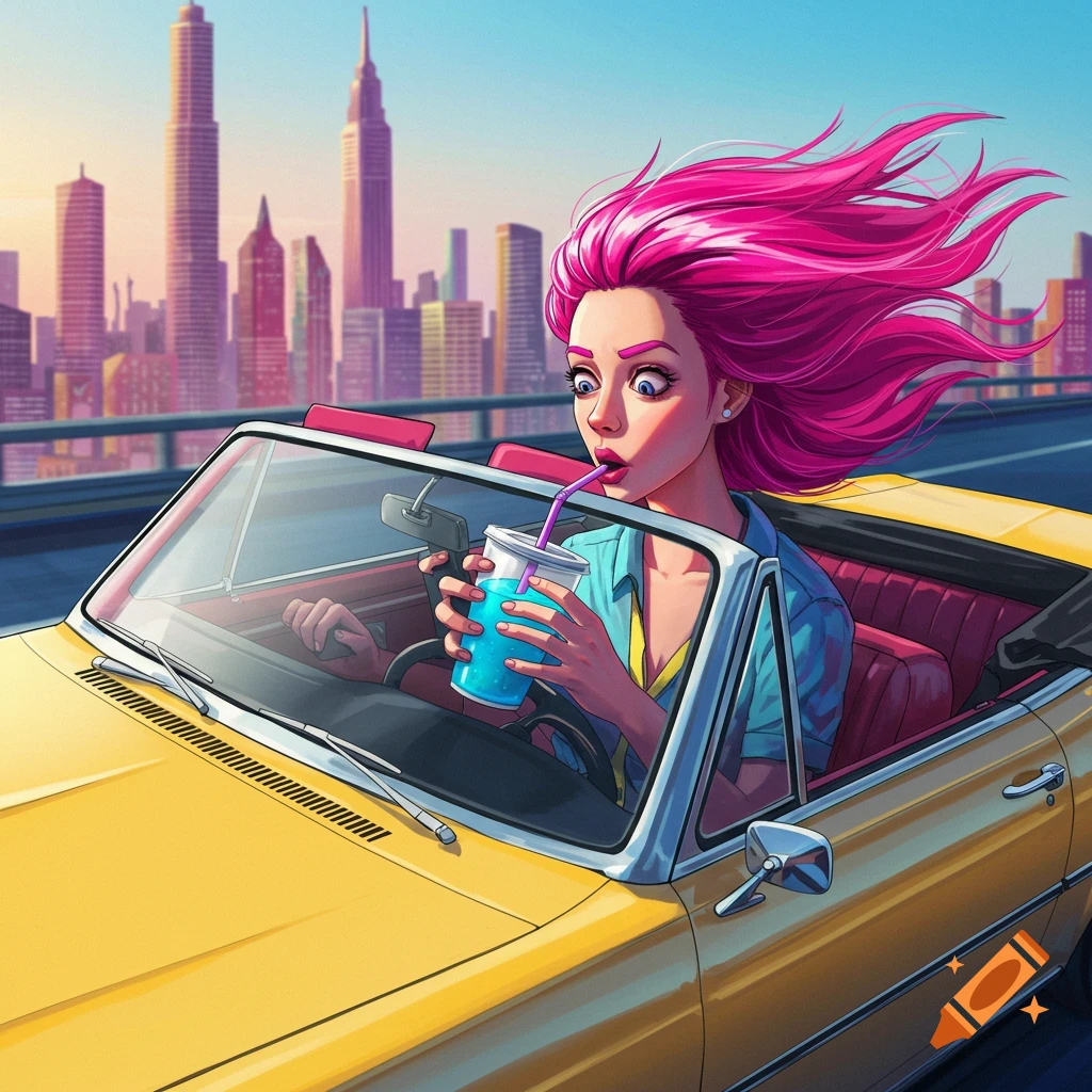 Woman with pink hair driving a yellow convertible in the city, drinking from a cup