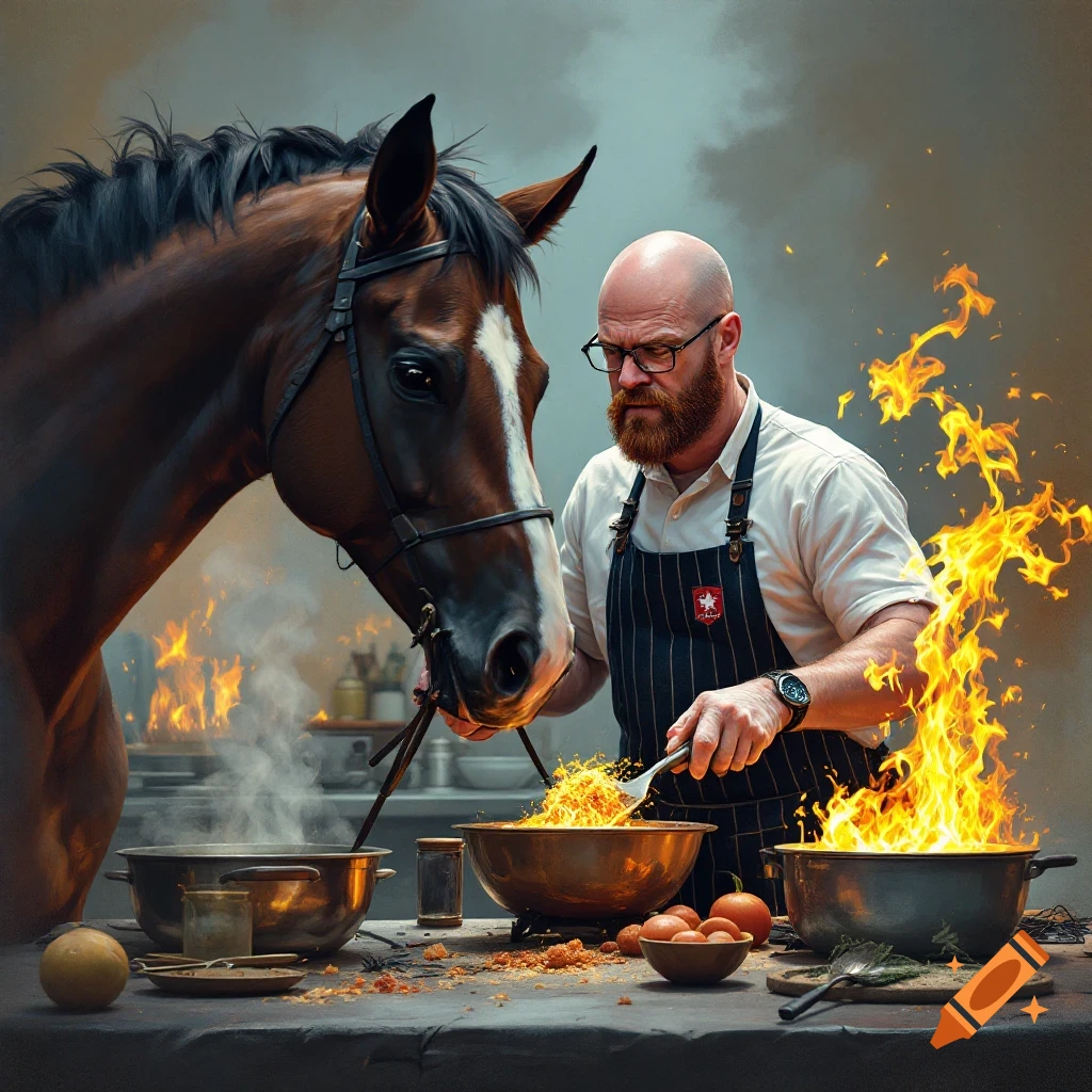 A man and a horse cook intensely over fires in a kitchen.