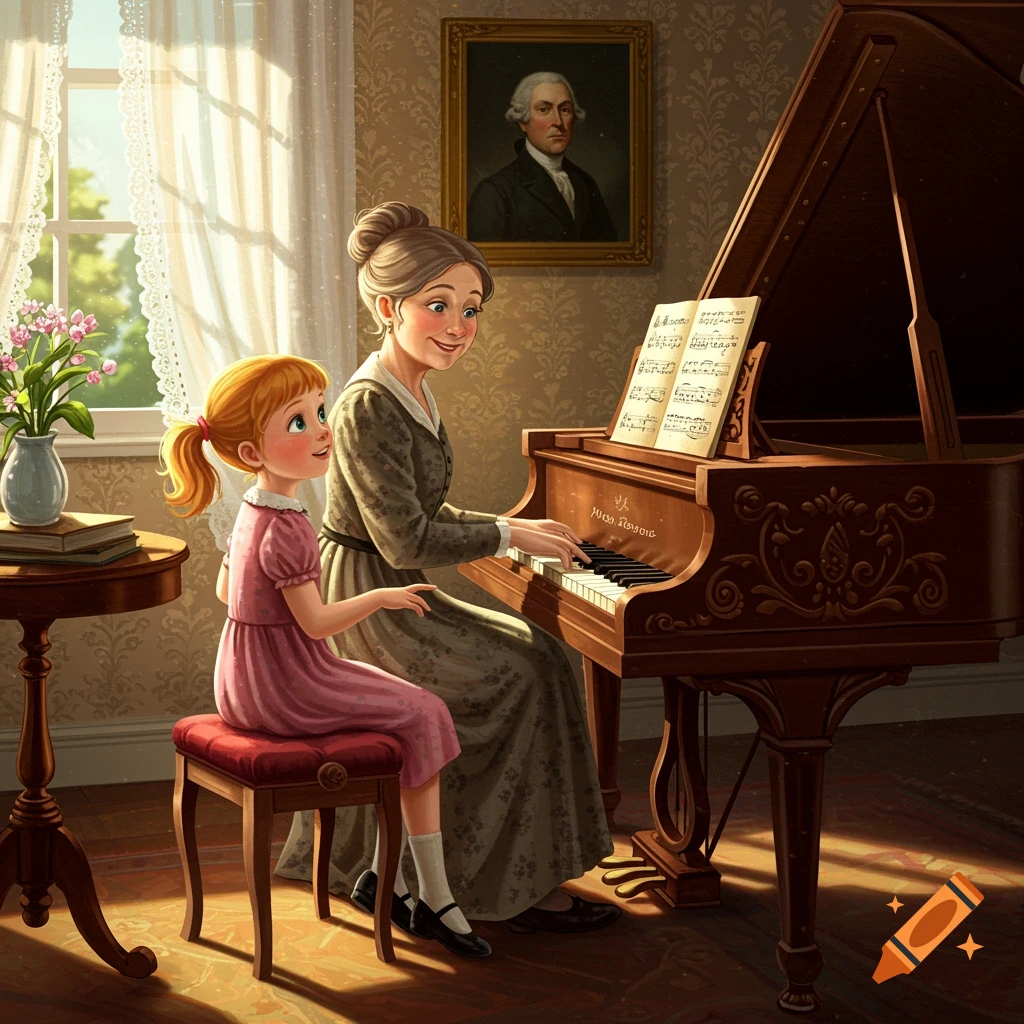 A woman teaching a young girl piano in a sunlit vintage parlor.