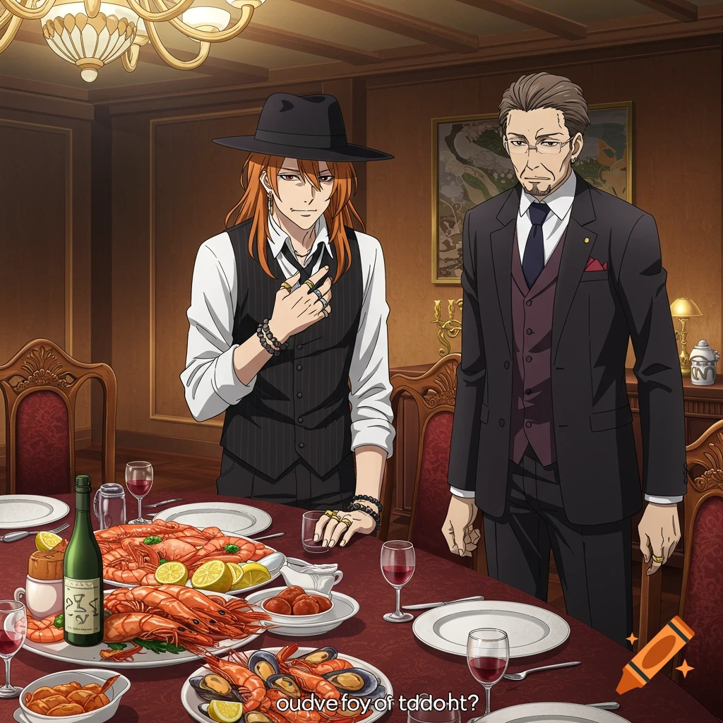 Anime style image of two men in a dining room with a table full of seafood.
