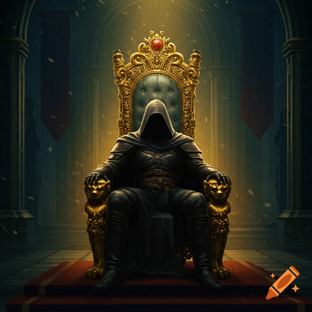A dark hooded figure sits on a large golden throne in a dimly lit hall.