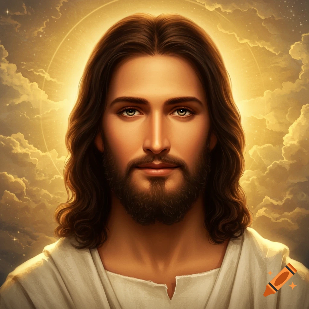 Portrait of Jesus Christ with a halo and clouds