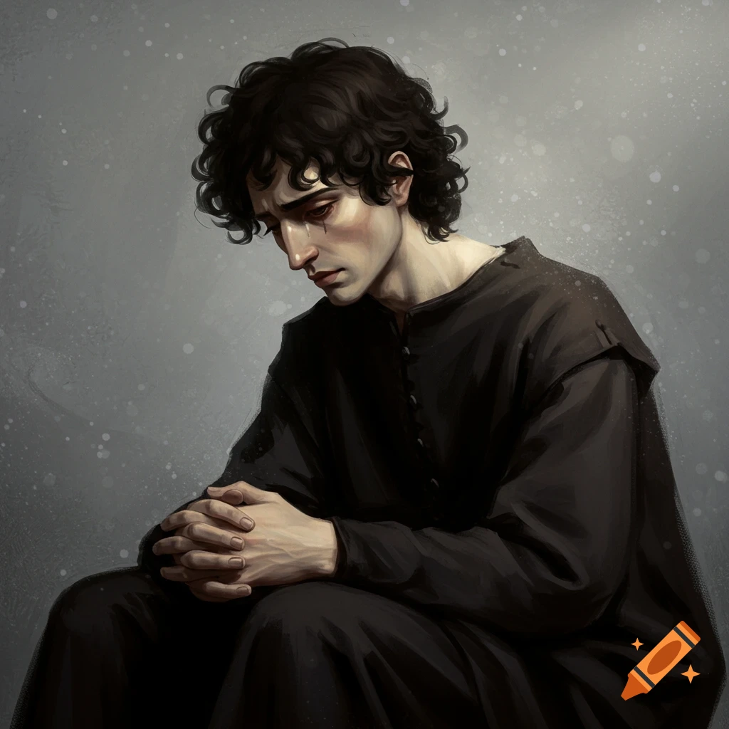 Image of a young man with curly dark hair, looking down sadly, hands clasped, wearing black.