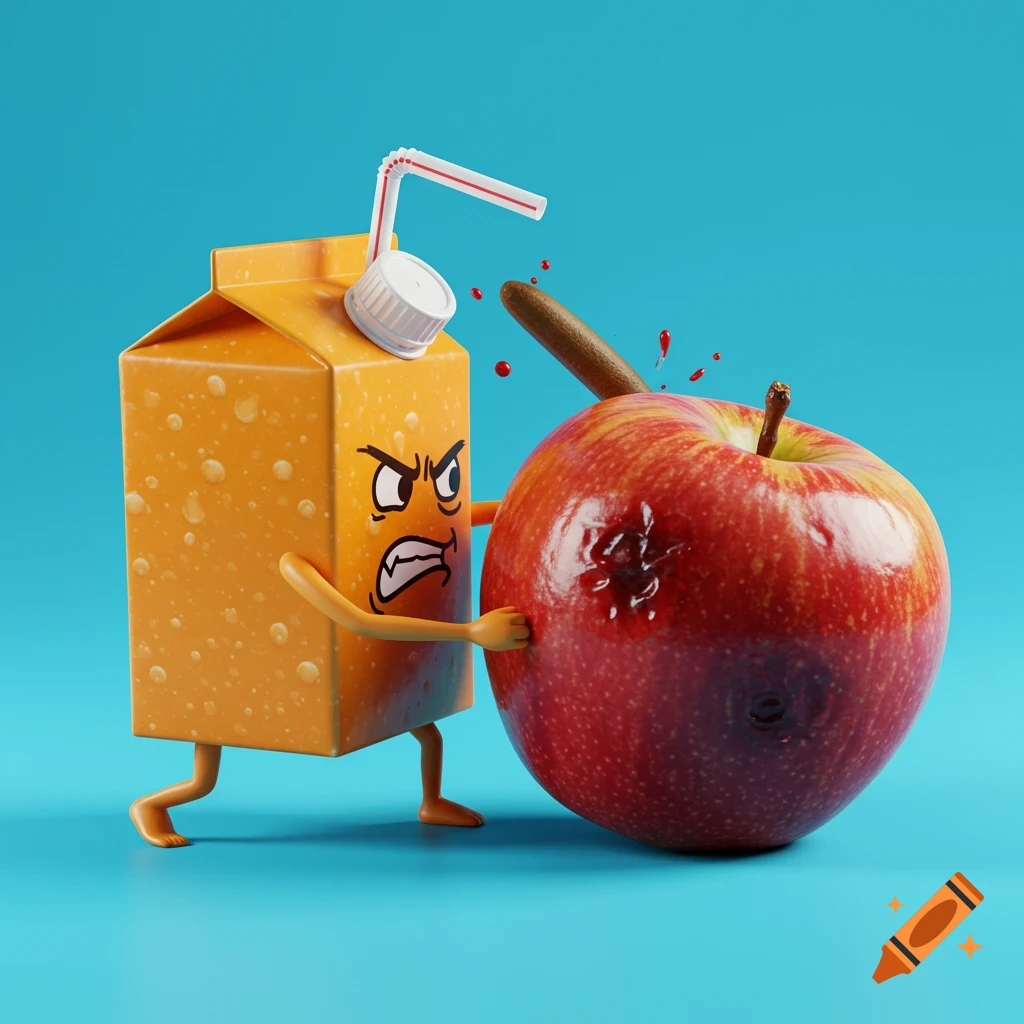Cartoon juice box with straw attacking a red apple.