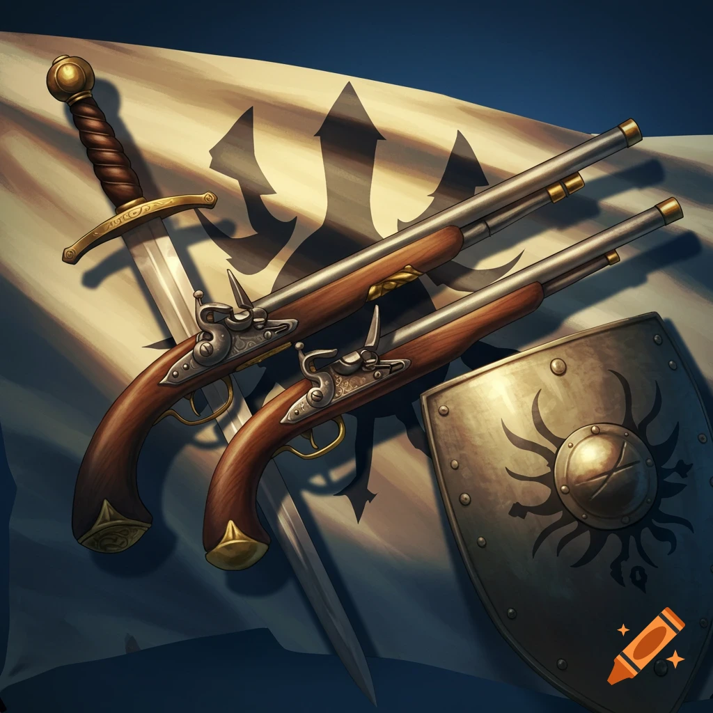 A sword, two flintlock pistols, and a shield resting on a flag with a trident symbol.