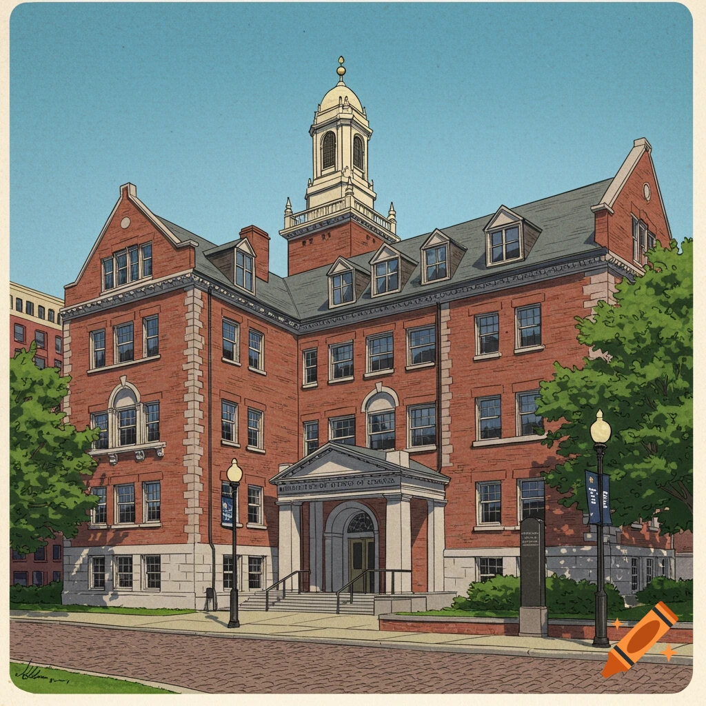 A multi-story brick building with a white cupola, a prominent entrance with steps, trees, and a brick street.