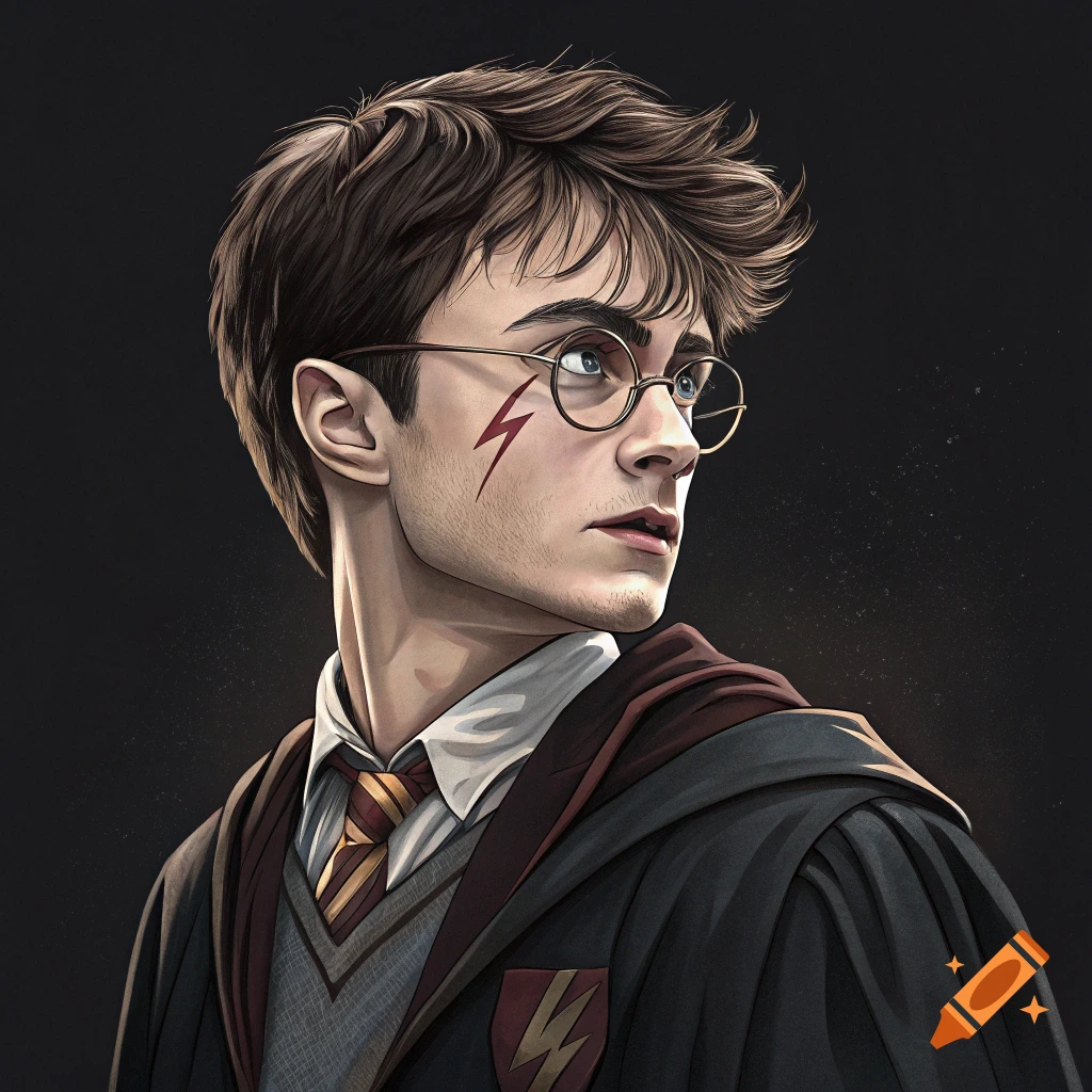 Illustration of Harry Potter in uniform against a black background