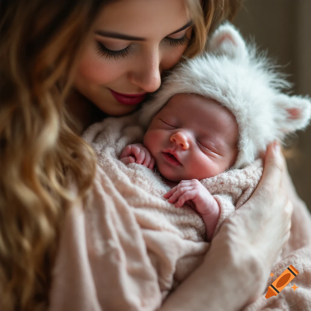 A mother holding a newborn baby wearing a fuzzy hat.