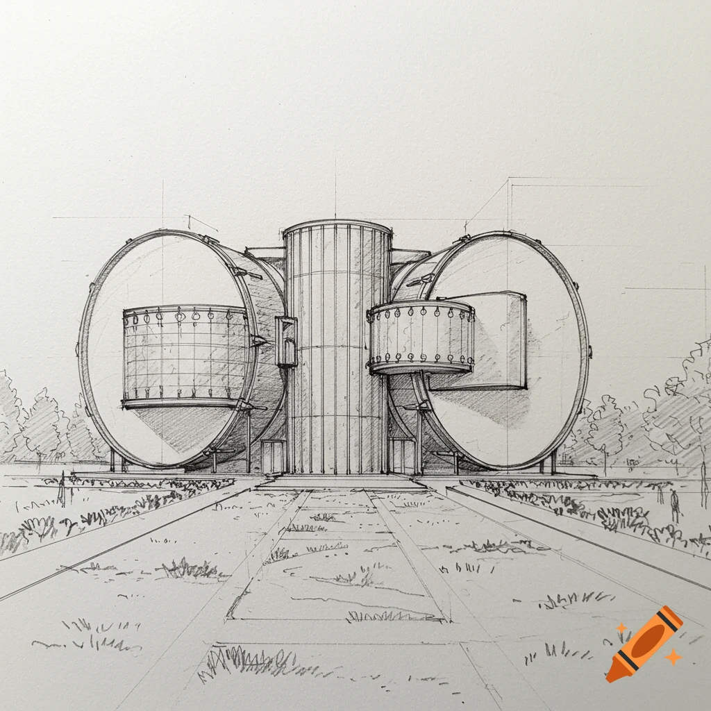 Pencil sketch of a music museum facade resembling a drum set.