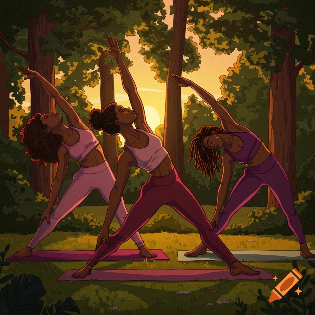 Three Black women doing yoga poses in a forest at sunset.