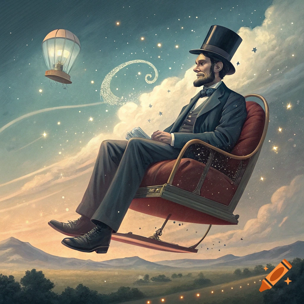Abraham Lincoln in a top hat and suit floats in a red rocking chair against a starry sky with a hot air balloon above a landscape, illustration.