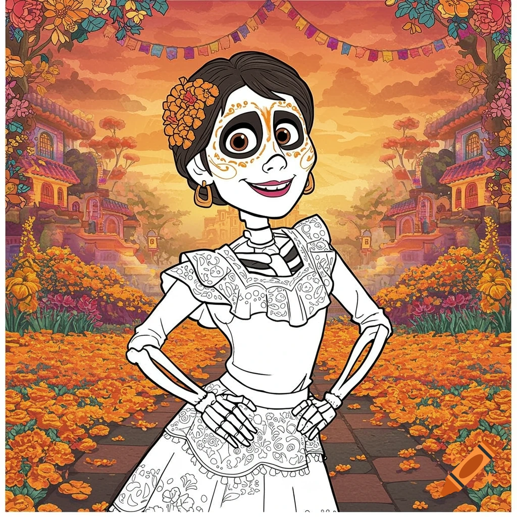 Coloring page of a skeleton character from Coco smiling in a vibrant town square with marigolds.