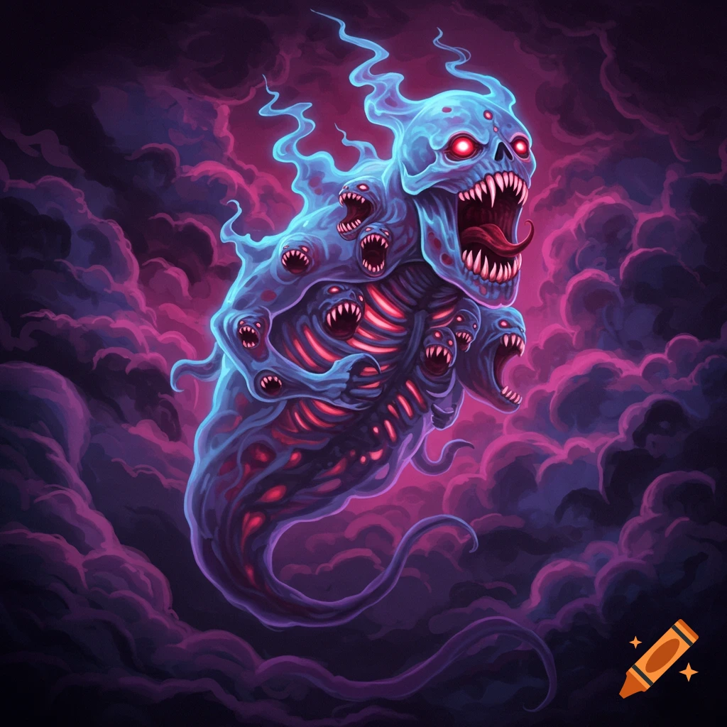 A multi-mouthed blue ghast with red eyes and exposed ribs in purple clouds.
