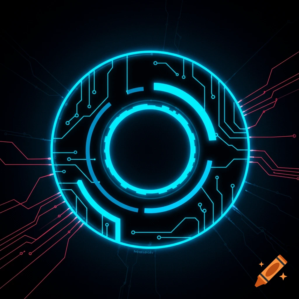 A glowing blue Tron identity disc with circuit patterns on a black background