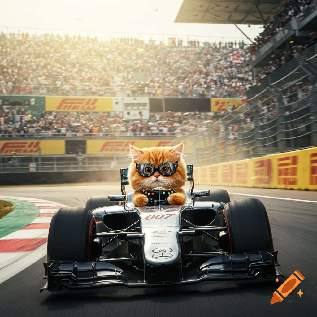 A photorealistic image of an orange cat wearing glasses and driving a Formula 1 race car on a track.