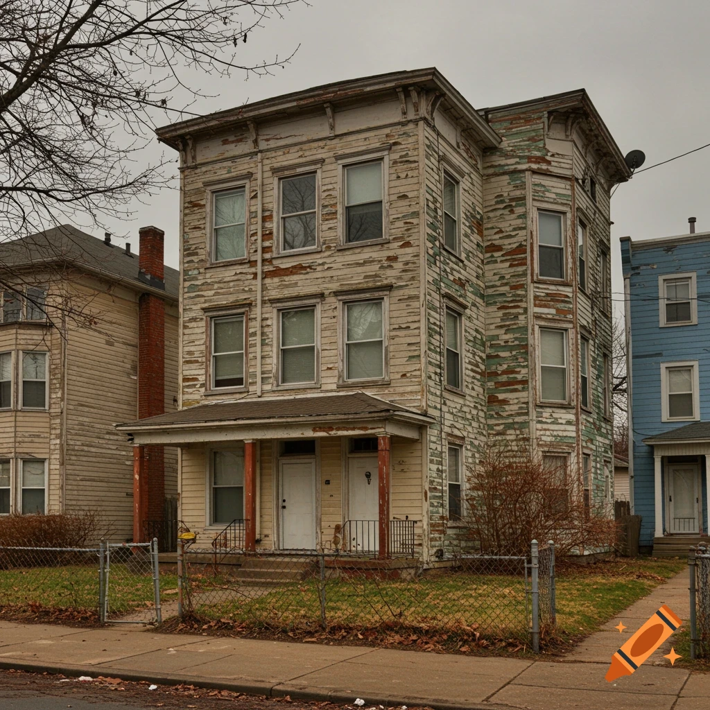 An old, peeling house with a porch and chain link fence under an overcast sky.