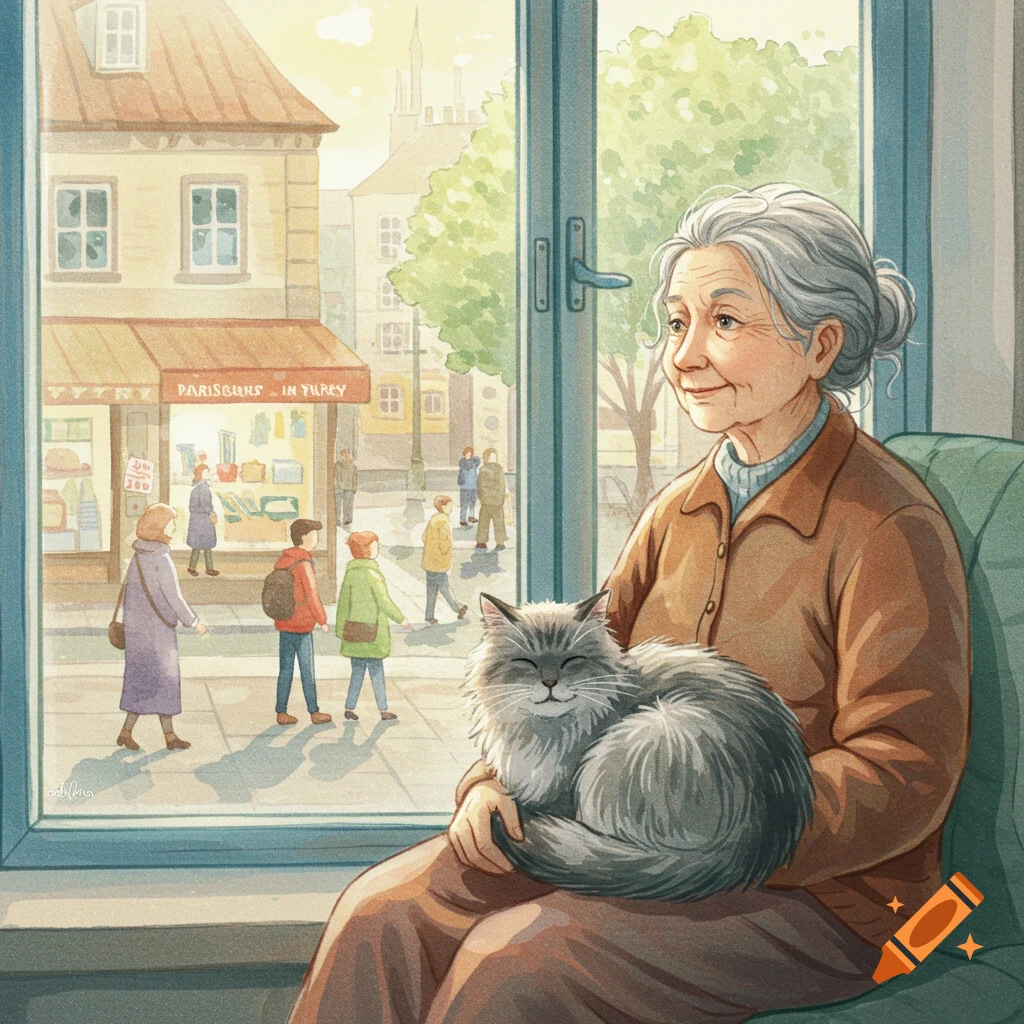 Watercolor painting of an elderly woman holding a cat while looking out a window at a street scene below.