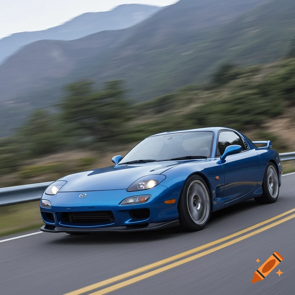 Blue sports car drives on a mountain road