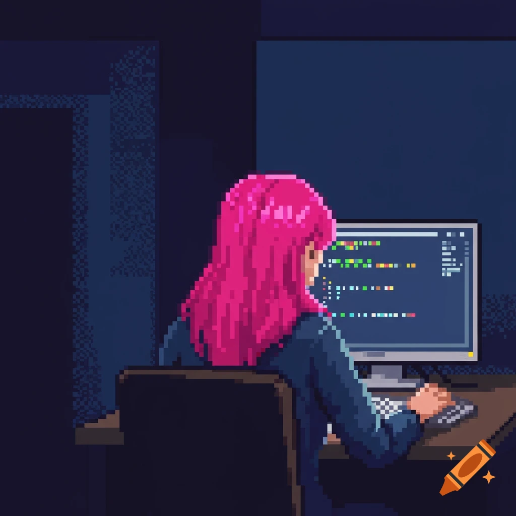 Pixel art of a woman with pink hair coding at a computer