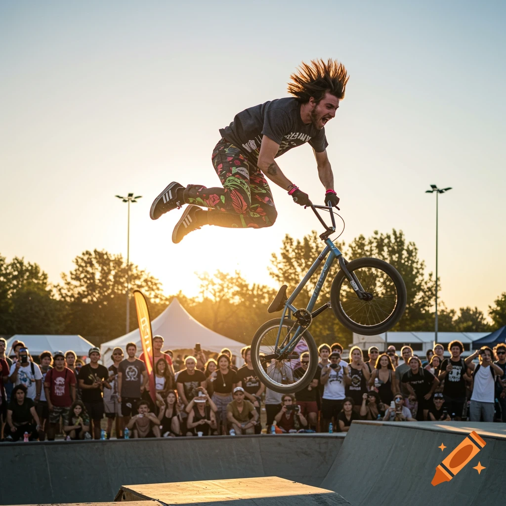 BMX rider jumps high over crowd at golden hour competition action shot
