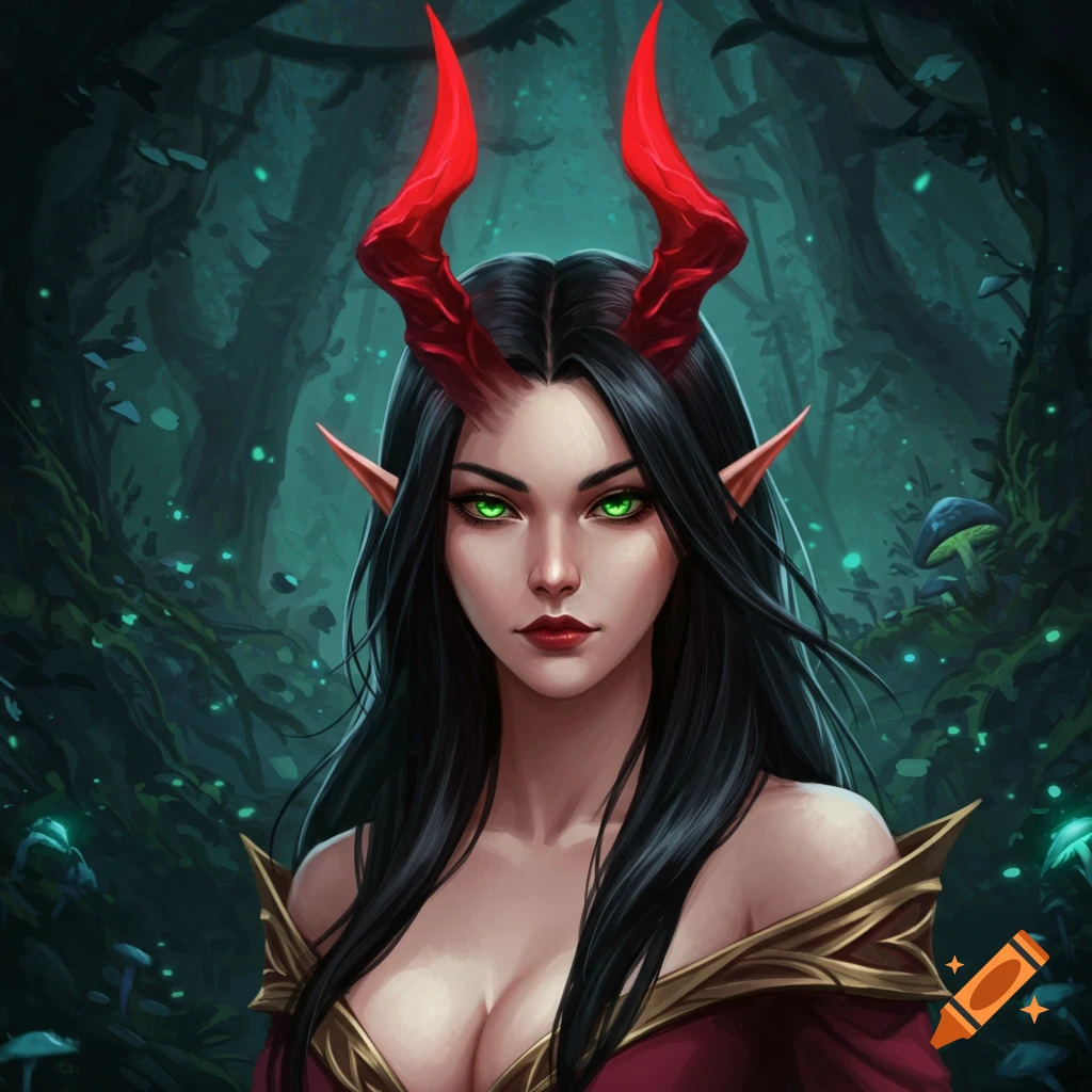 A fantasy woman with red horns, green eyes, elf ears, and black hair is depicted in a dark forest.
