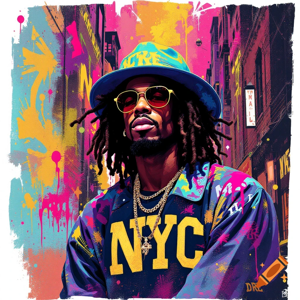 Painting of a man with dreadlocks and a colorful NYC jacket in a vibrant street art style.
