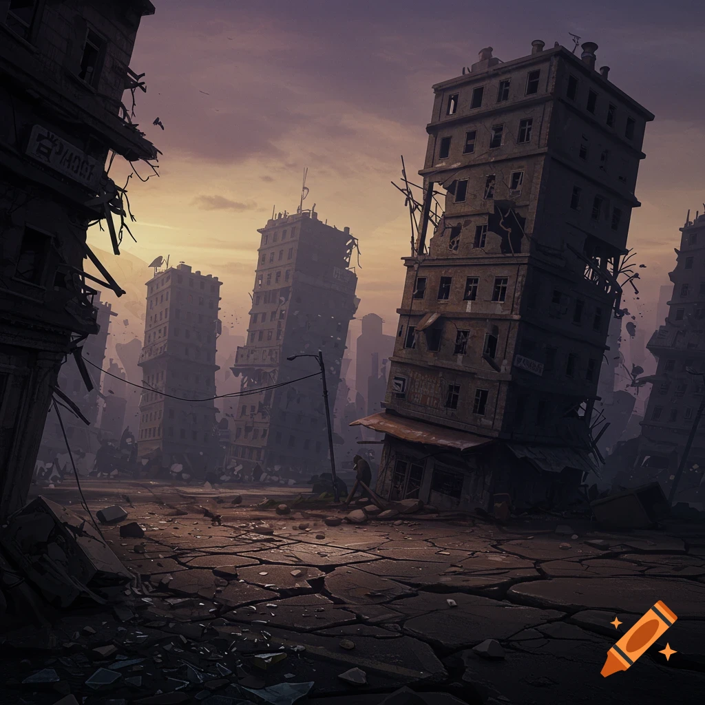A ruined city with cracked ground and leaning buildings under a cloudy sunset sky.