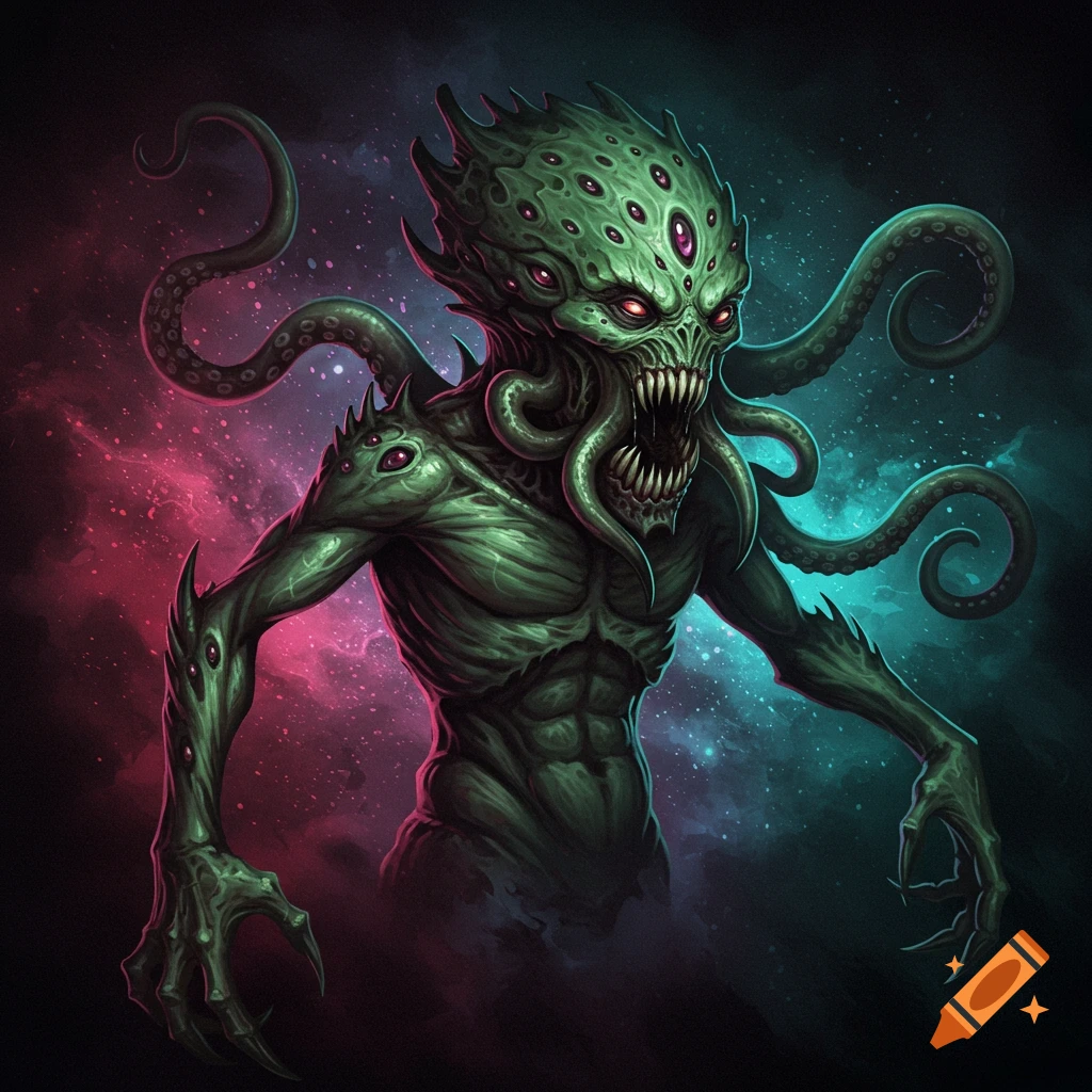 A green eldritch monster with multiple eyes and tentacles against a cosmic background.
