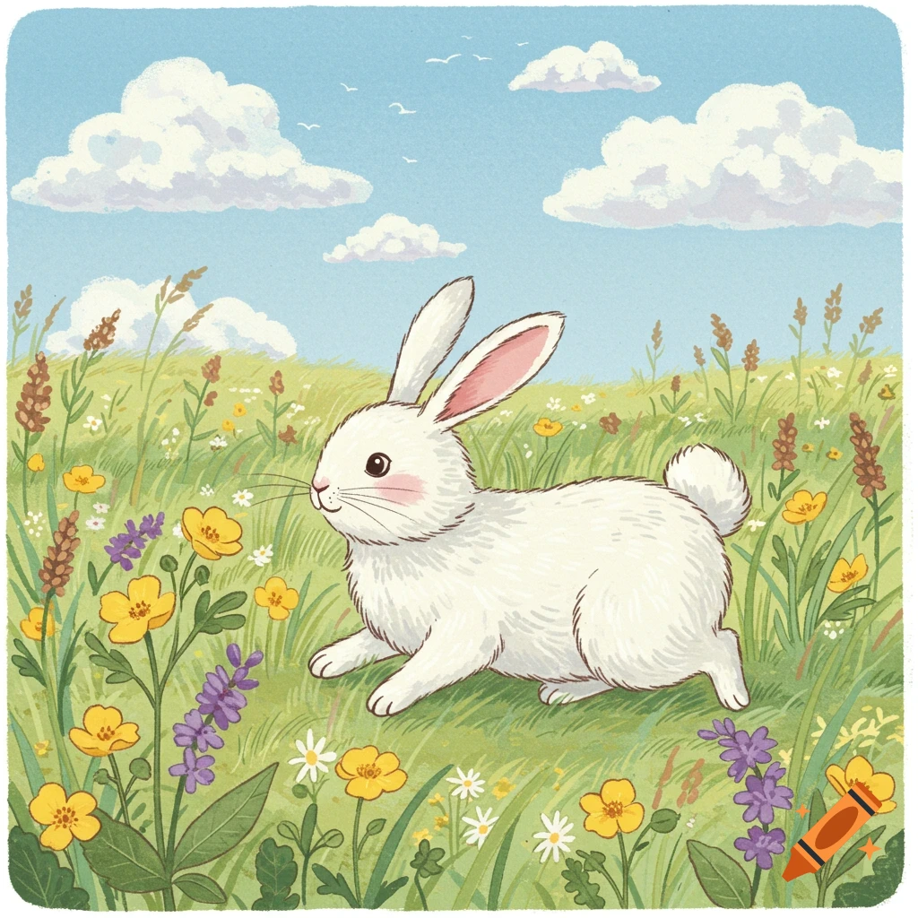 A white bunny hops through a grassy field filled with wildflowers, in an 80s children's book illustration style.