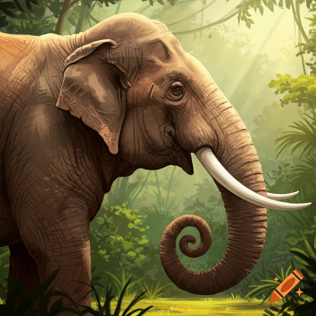 An elephant in a jungle with a curled, spiral trunk.