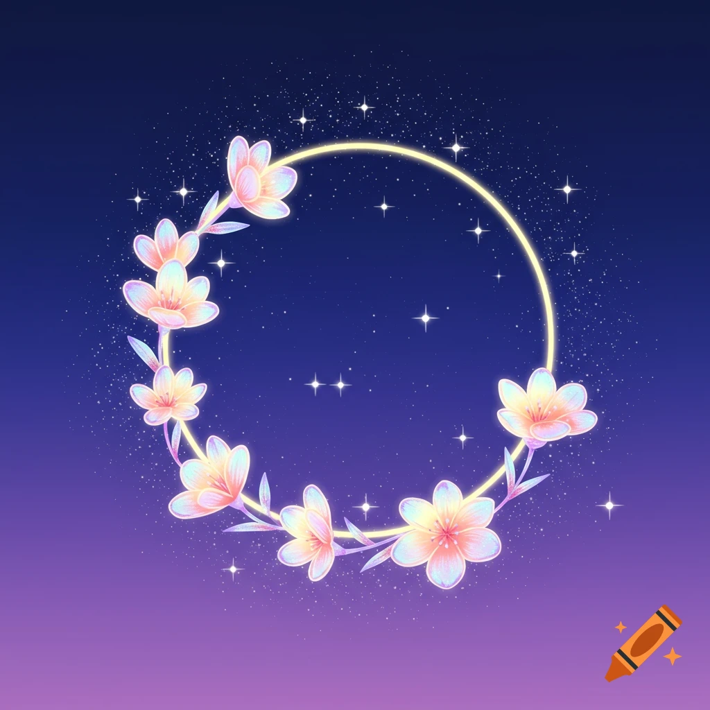 A wreath of glowing flowers in a starry night sky with a circular moon glow.