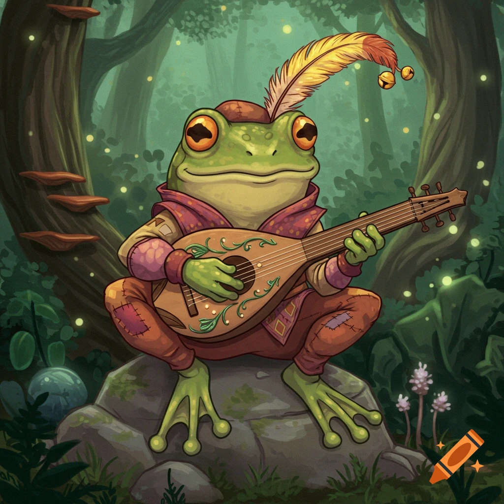 Illustration of a green frog dressed as a bard, sitting on a rock and playing a lute in a forest.