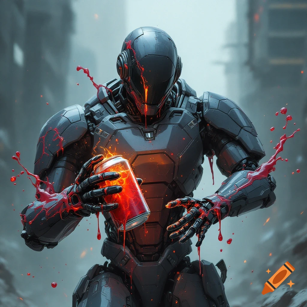A dark sci-fi robot holding a dripping can with red liquid splattering in a street.