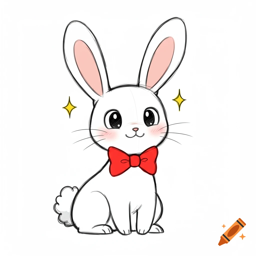 A sketch of a cute cartoon rabbit wearing a red bow tie
