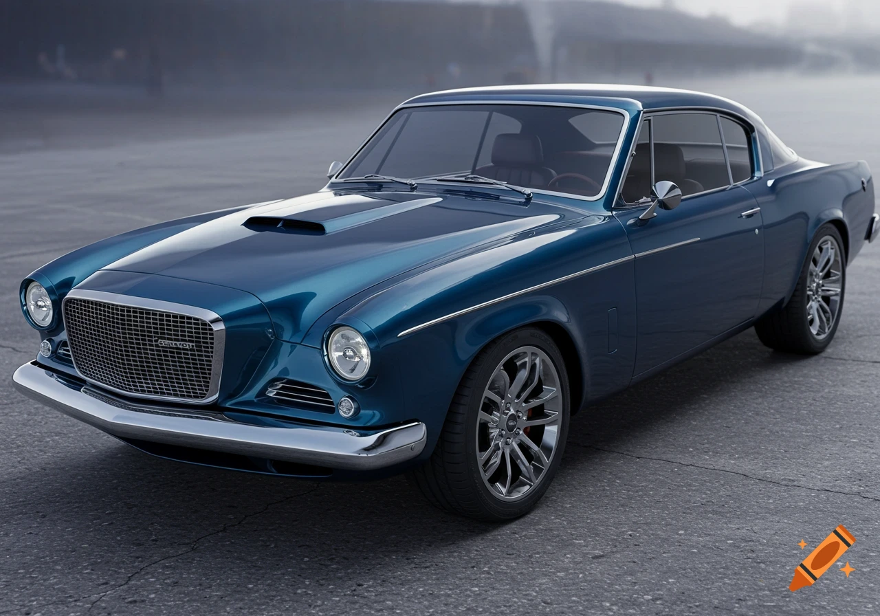 Blue modern classic car parked on asphalt