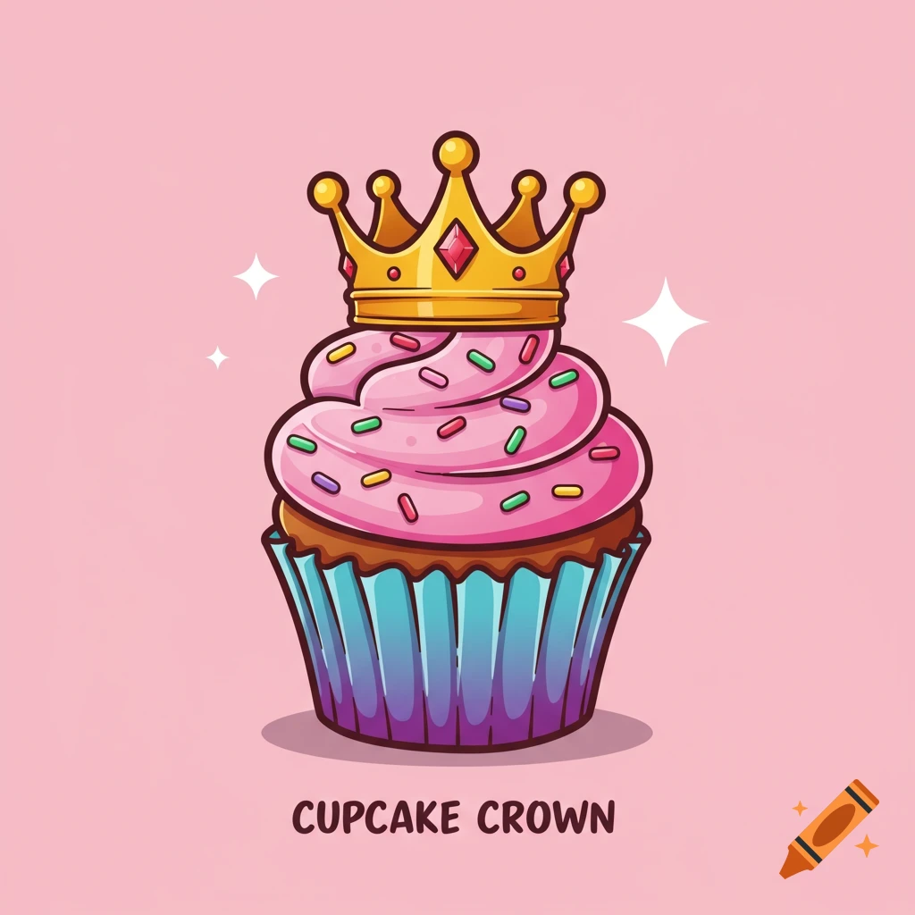 A cartoon cupcake with pink frosting, sprinkles, and a gold crown sits on a pink background. The text 'CUPCAKE CROWN' is below it.