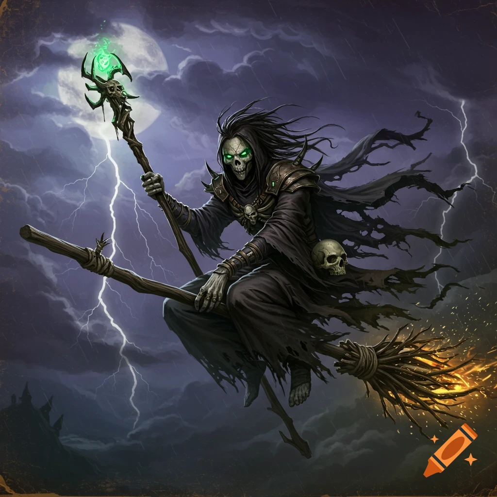 A skeletal necromancer riding a broom through a stormy night with lightning.