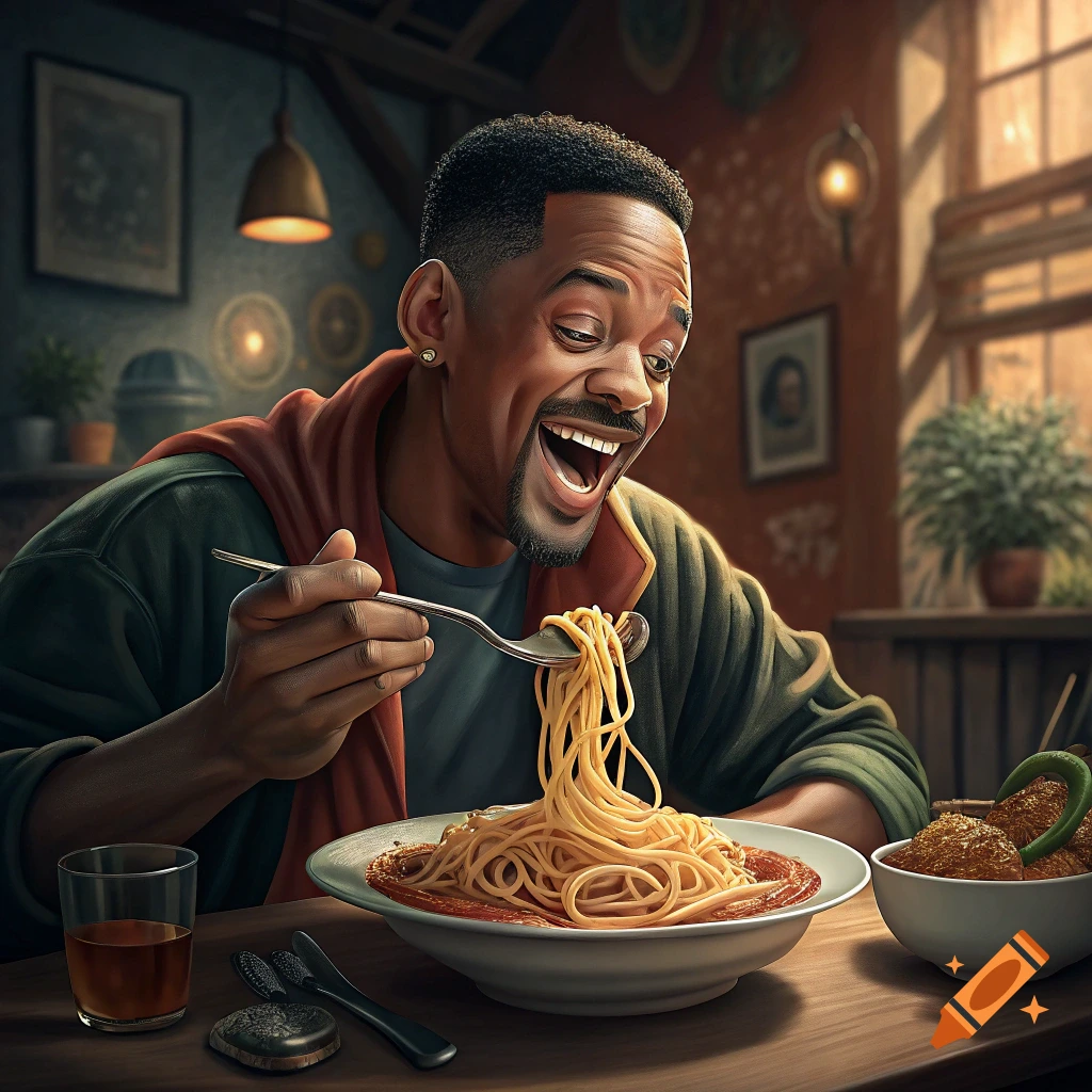 Will Smith enthusiastically eating spaghetti with a fork, realistic illustration