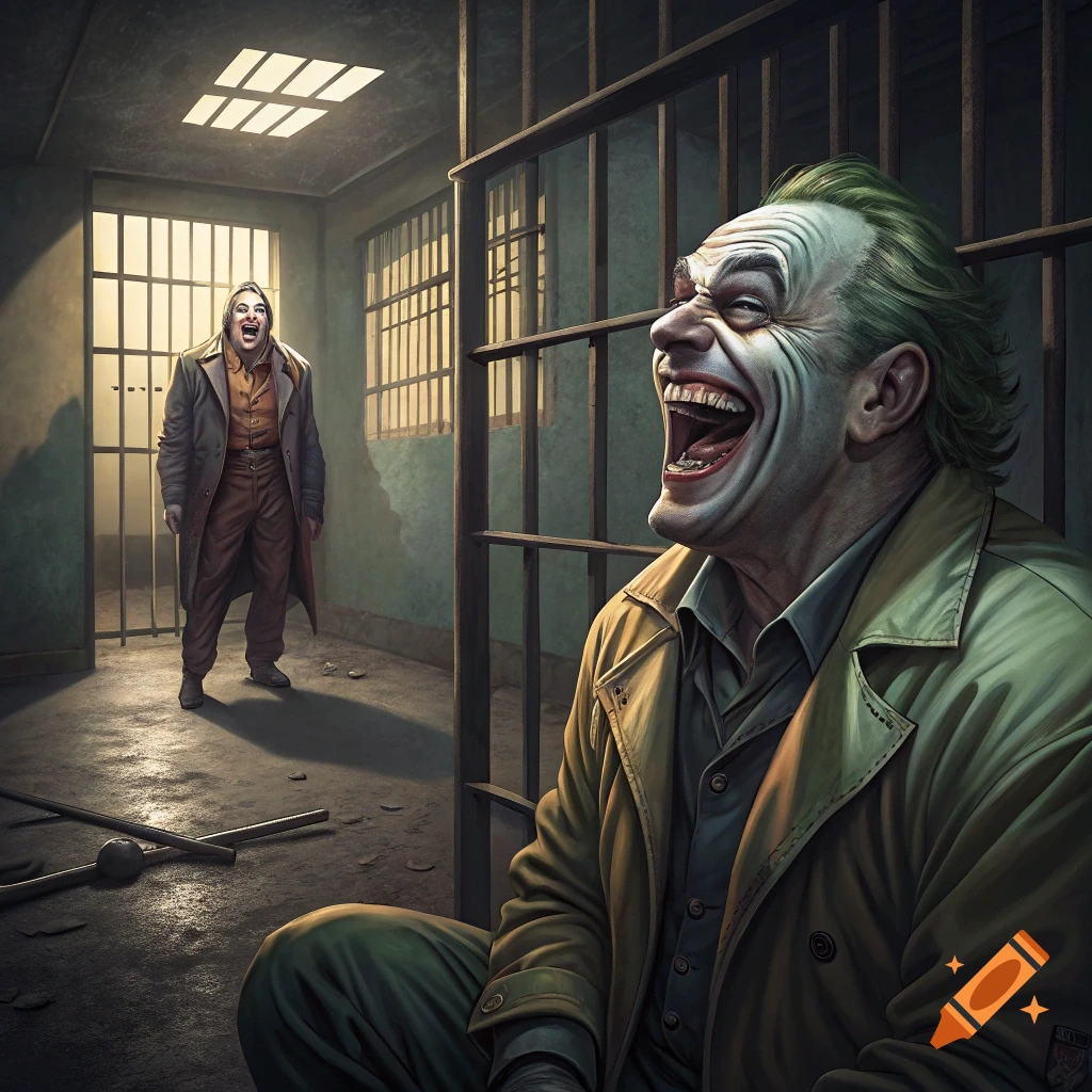 Joker-like figure and large man laughing hysterically in a gritty prison cell.