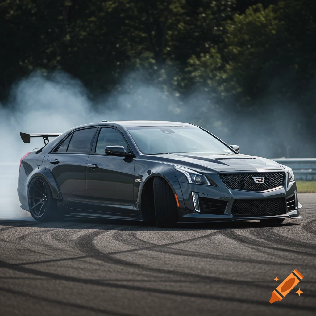 A grey Cadillac sedan drifts on a track, smoke trailing from the tires, leaving tire tracks.
