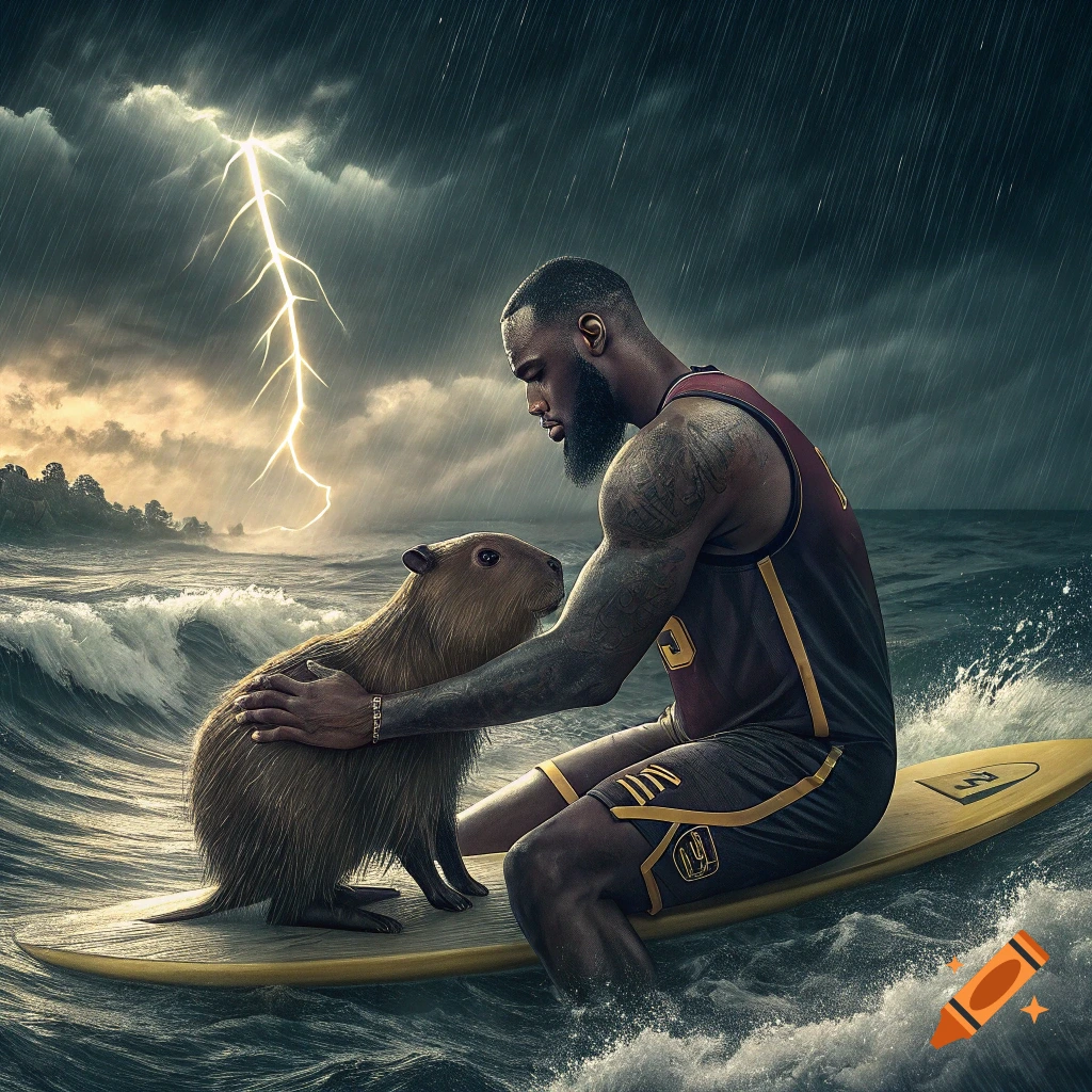 LeBron James comforts a capybara on a surfboard in a stormy ocean with lightning, realistic style.
