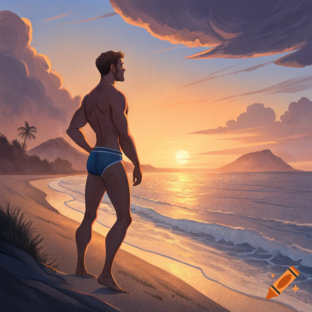 An illustration of a fit man in a blue speedo watching the sunset over the ocean from a beach.